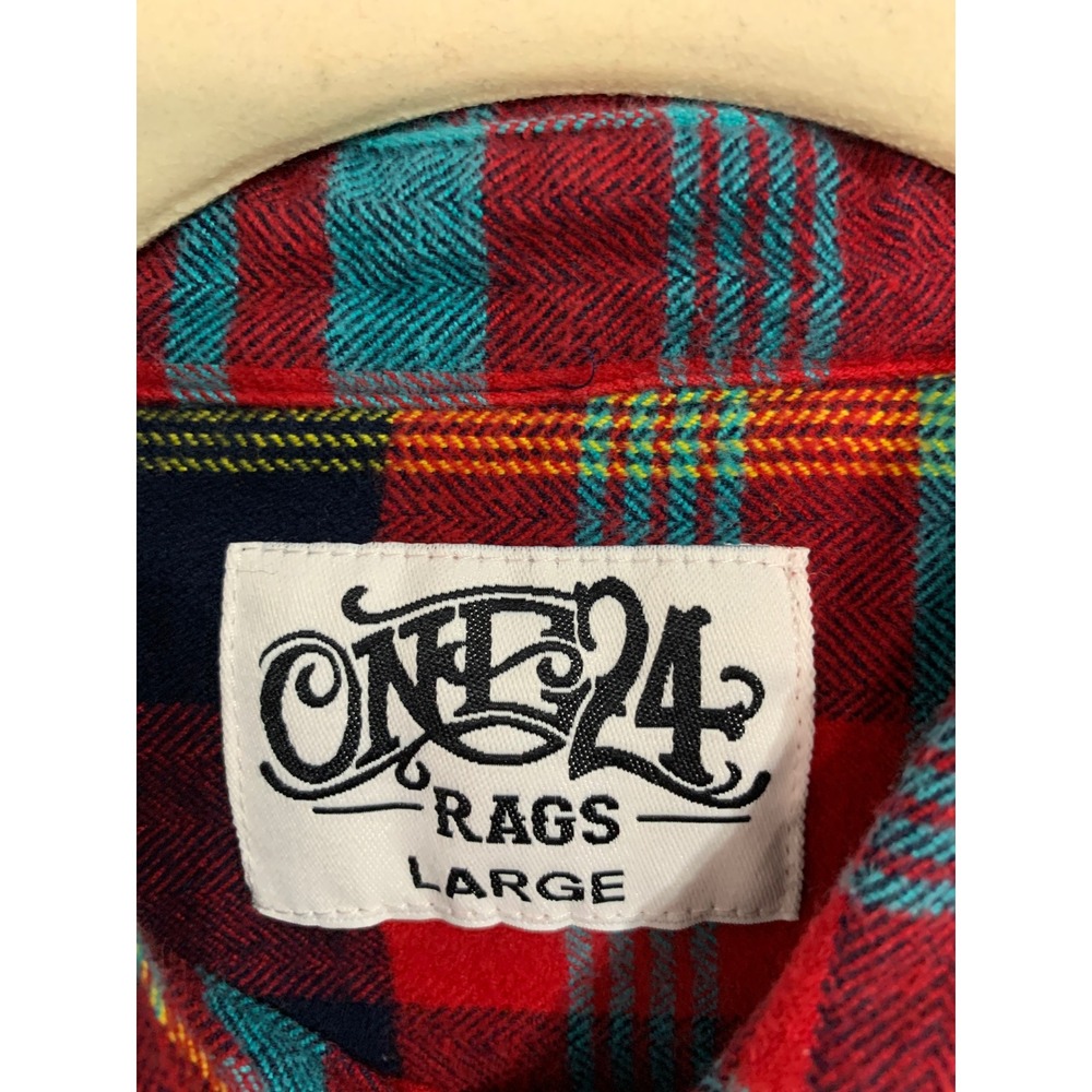 ONE24 RAGS Red Plaid‎ Fringed Flannel Shirt Oversized Distressed Women Large - Picture 3 of 10
